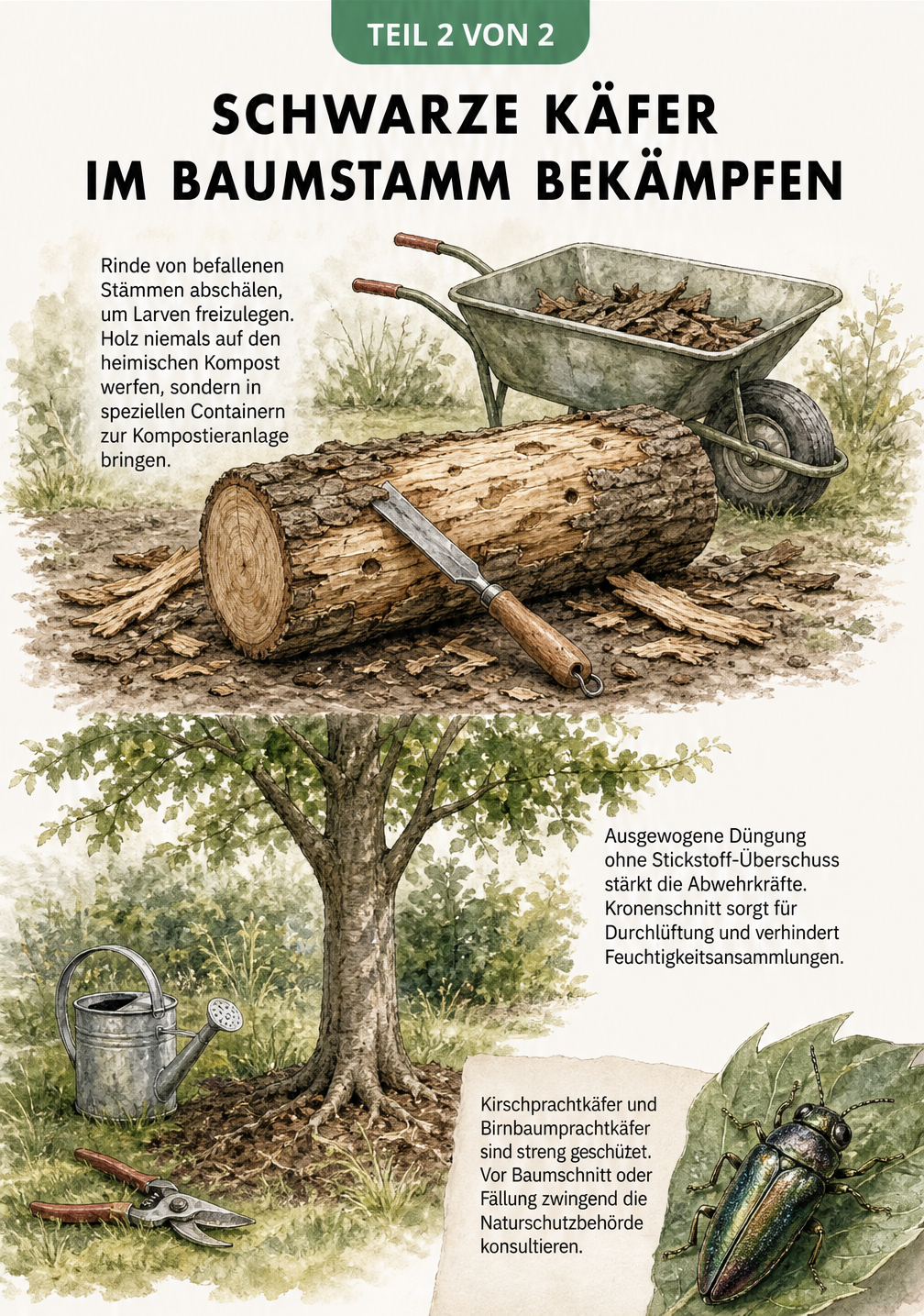 Illustration zur Bekämpfung schwarzer Käfer im Baumstamm mit geschältem Holz, gesundem Baum und geschütztem Prachtkäfer