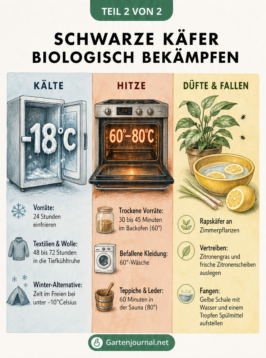 Übersicht zur biologischen Bekämpfung von schwarzen Käfern durch Kälte, Hitze und Hausmittel wie Zitronenduft.