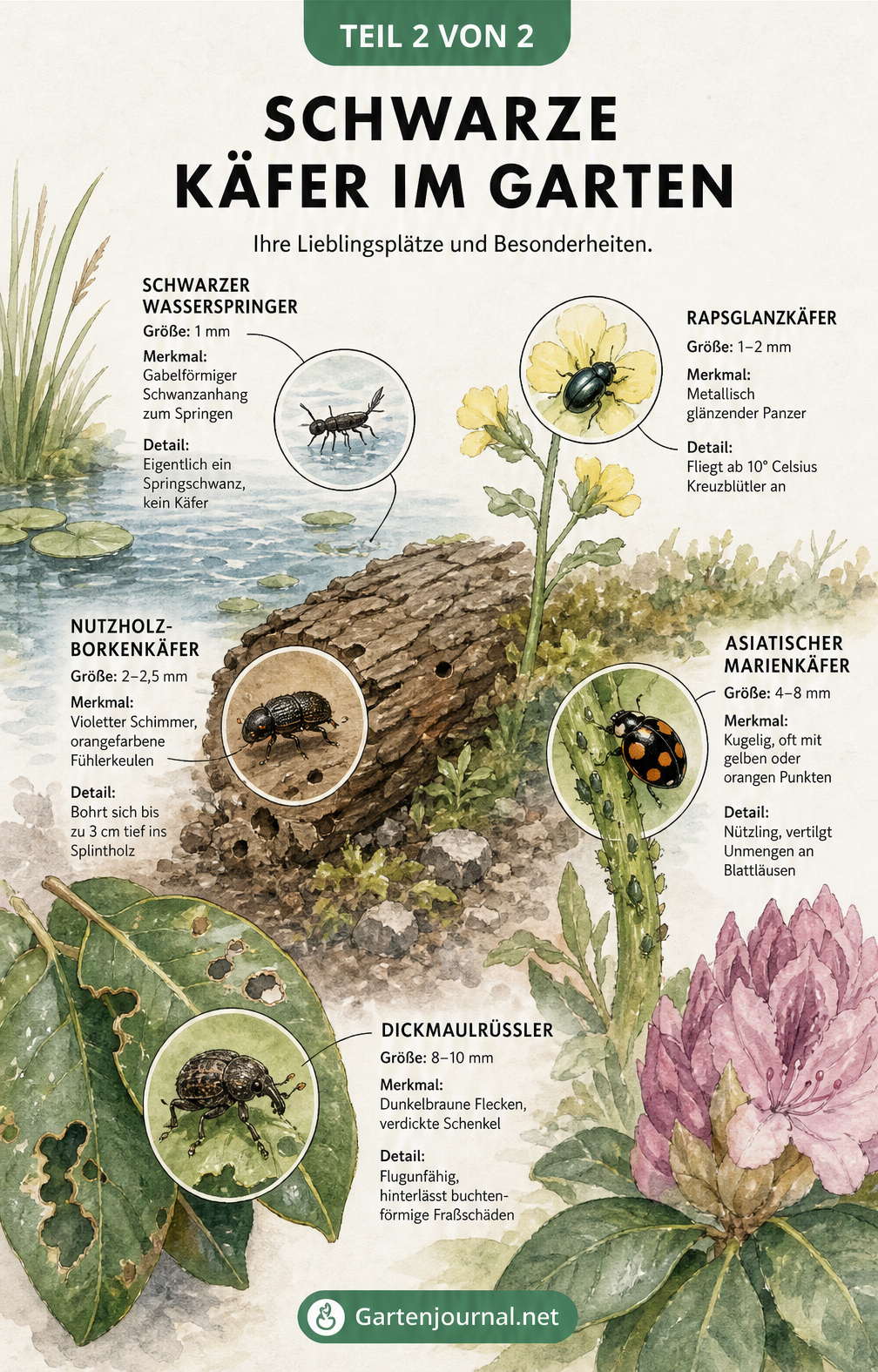 Illustration von fünf kleinen schwarzen Käfern im Garten: Schwarzer Wasserspringer, Rapsglanzkäfer, Nutzholz-Borkenkäfer, Asiatischer Marienkäfer und...