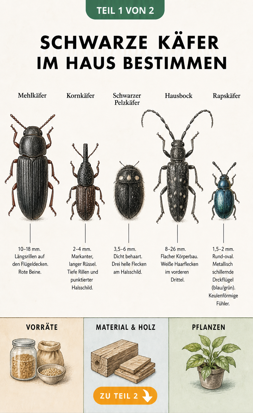 Illustration von fünf schwarzen Käfern im Haus: Mehlkäfer, Kornkäfer, Schwarzer Pelzkäfer, Hausbock und Rapskäfer mit Größenangaben und Merkmalen.
