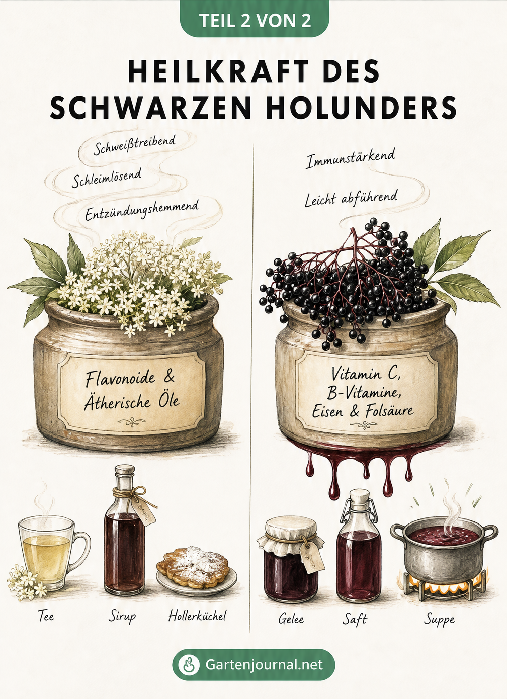 Illustration von Apothekergläsern mit Holunderblüten und Holunderbeeren
