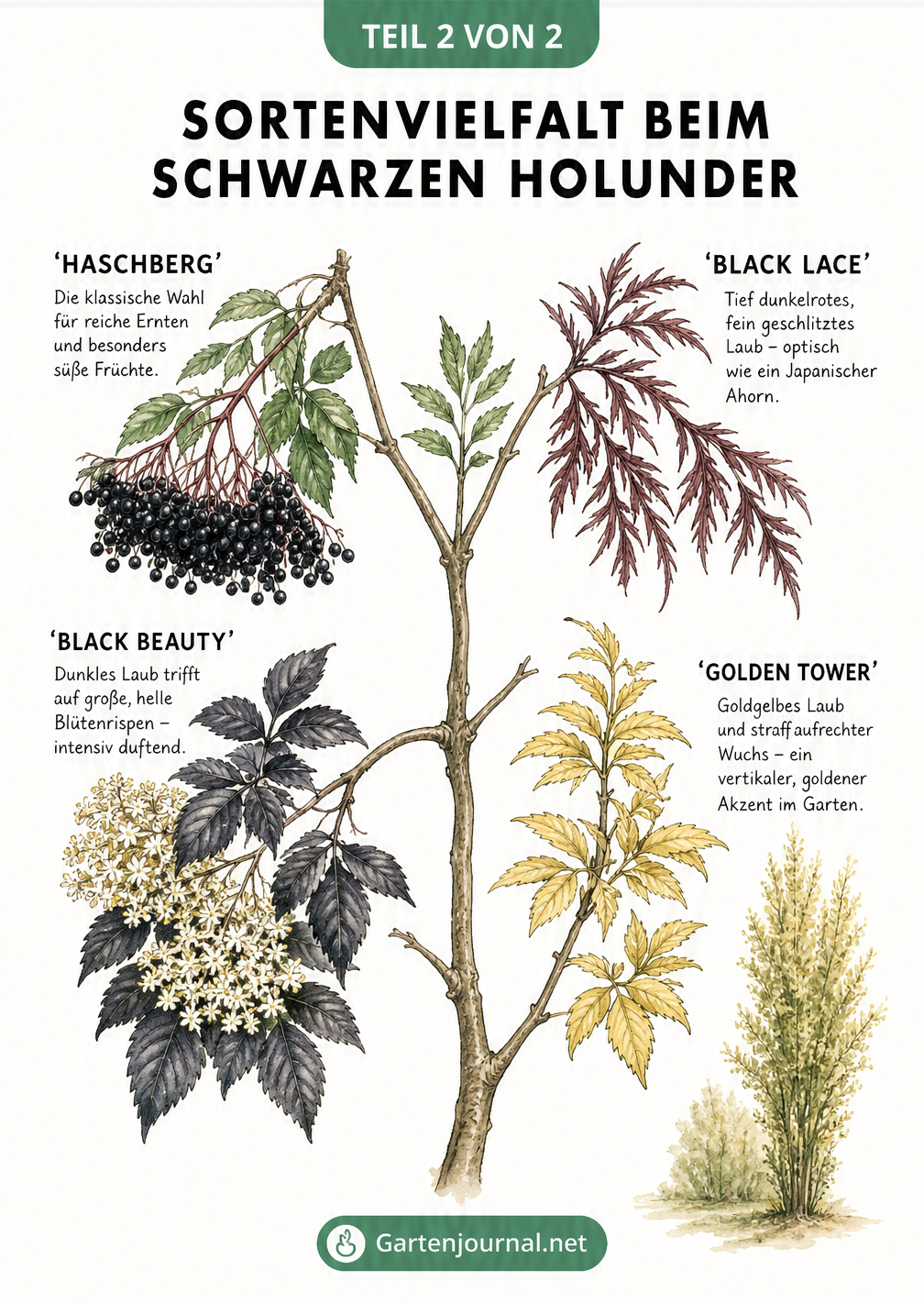 Illustration von vier Sorten des Schwarzen Holunders: Haschberg, Black Lace, Black Beauty und Golden Tower mit ihren spezifischen Merkmalen.