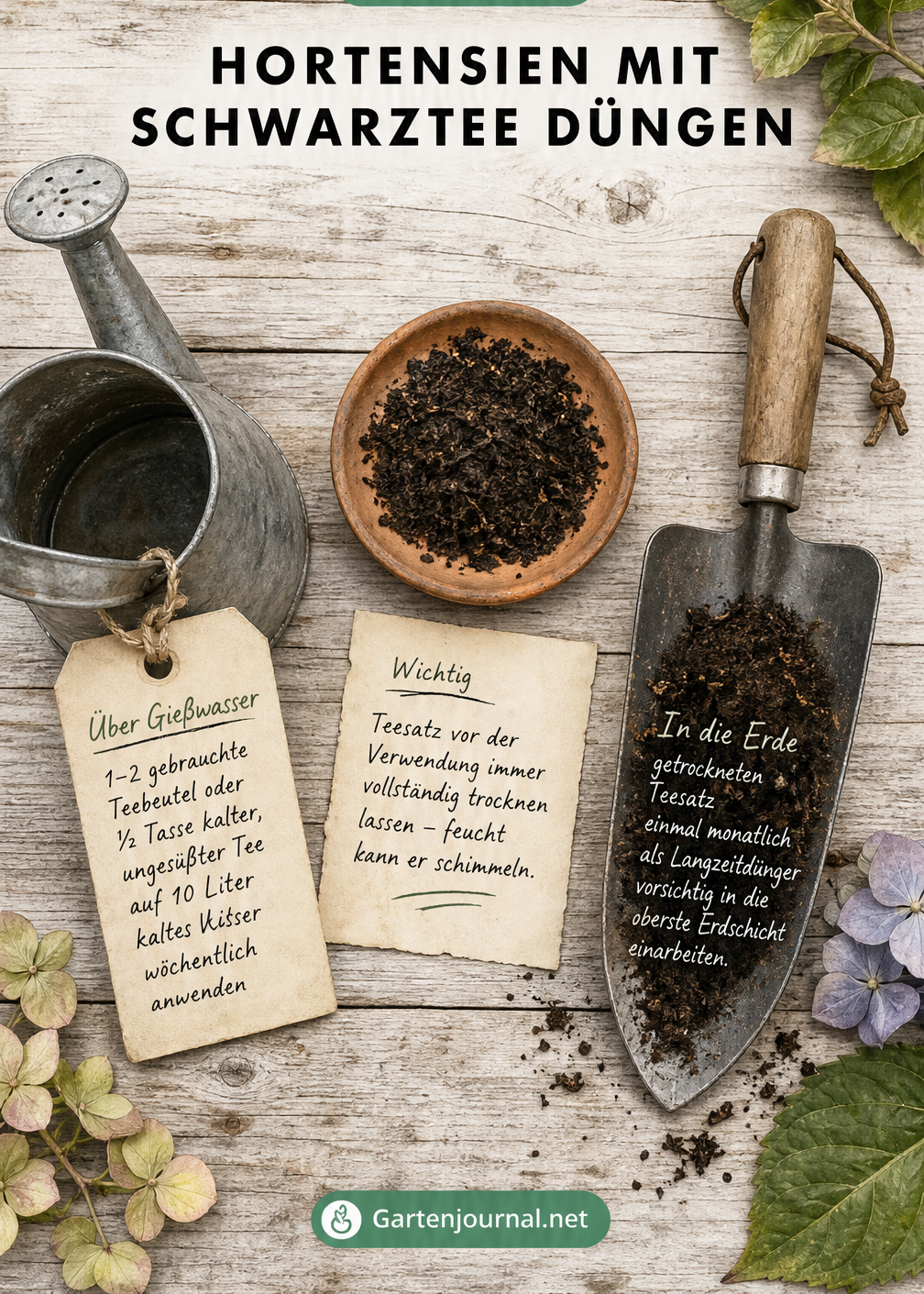 Flatlay mit Gießkanne, Tonteller mit trockenem Teesatz und Handschaufel, das drei Methoden zur Anwendung von schwarzem Tee als Hortensiendünger zeigt