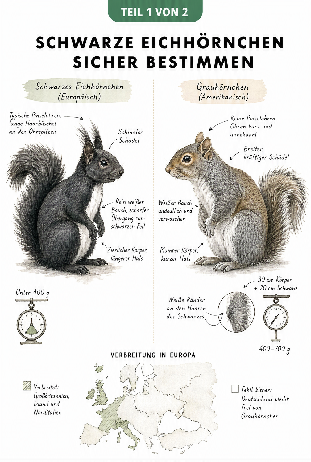 Zeichnerische Gegenüberstellung eines schwarzen heimischen Eichhörnchens und eines amerikanischen Grauhörnchens mit anatomischen Merkmalen