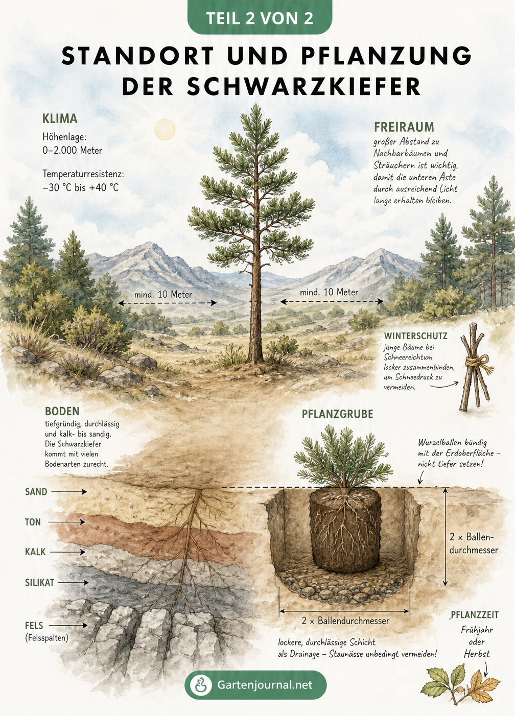 Querschnitt einer Landschaft mit Schwarzkiefer, idealen Klimabedingungen und korrekter Pflanzgrube