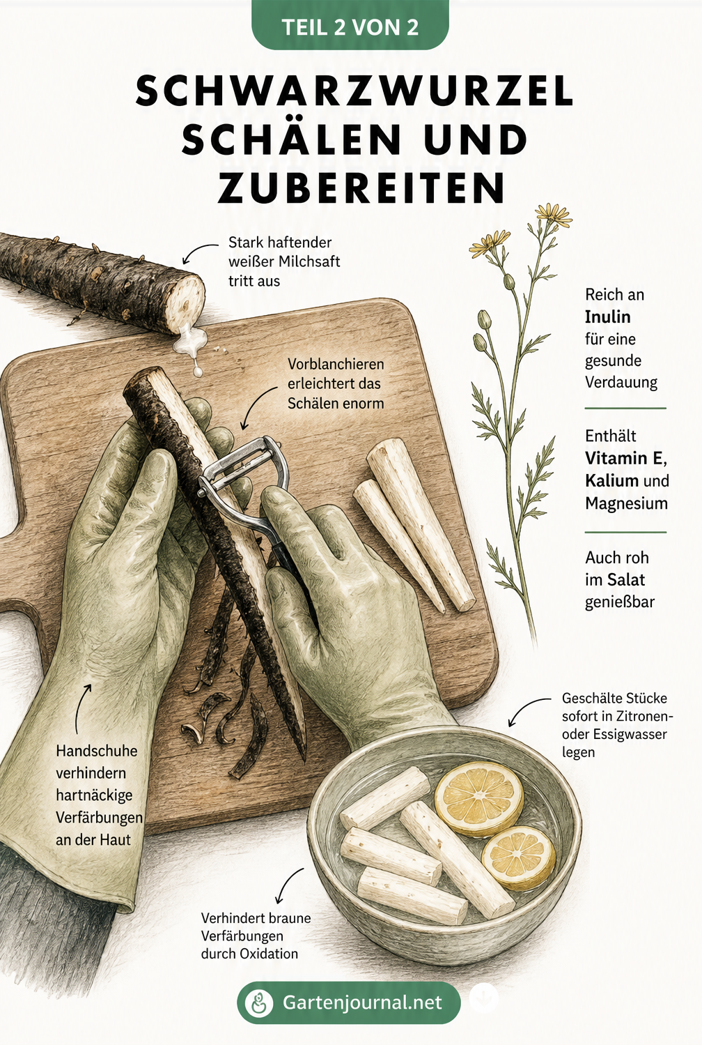 Holzschneidebrett mit Schwarzwurzel, Händen in Gummihandschuhen, Sparschäler und Schüssel mit Zitronenwasser