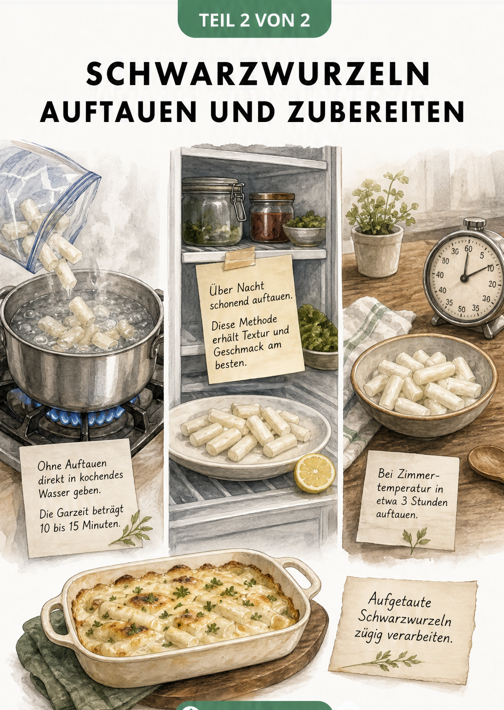 Illustration verschiedener Methoden zum Auftauen und Zubereiten von gefrorenen Schwarzwurzeln