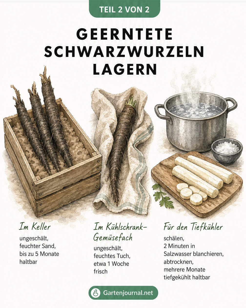Drei Methoden zur Lagerung von Schwarzwurzeln: in Sand, im feuchten Tuch und blanchiert zum Einfrieren