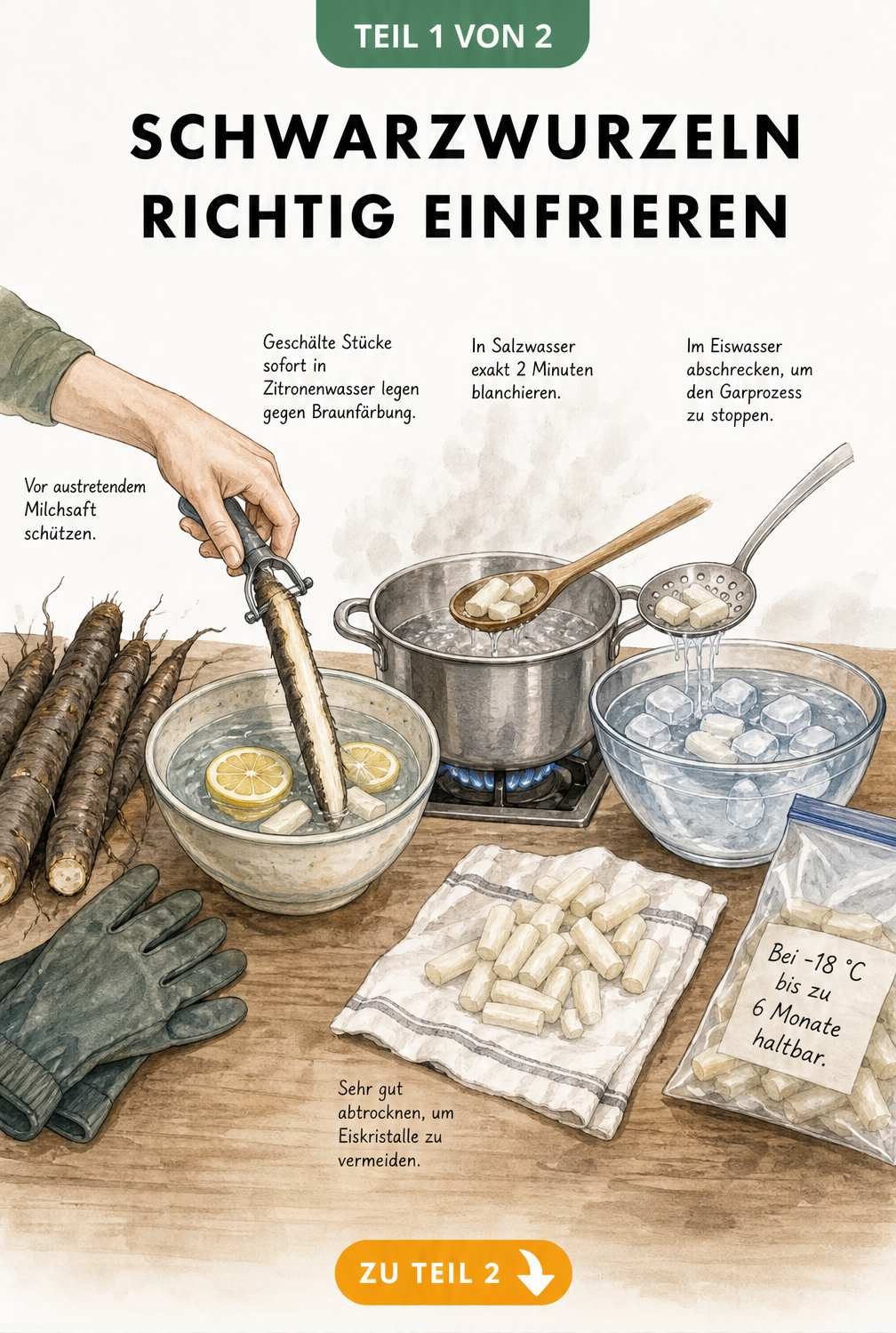 Illustration der Arbeitsschritte zum Einfrieren von Schwarzwurzeln: Schälen, Blanchieren, Abschrecken und Verpacken