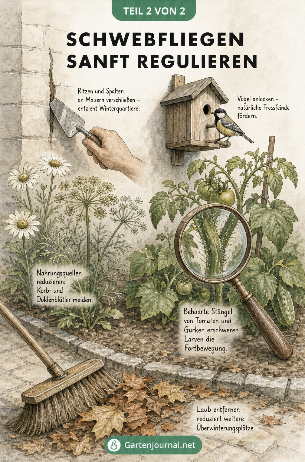 Isometrische Gartenansicht mit Tipps zur natürlichen Regulierung von Schwebfliegen