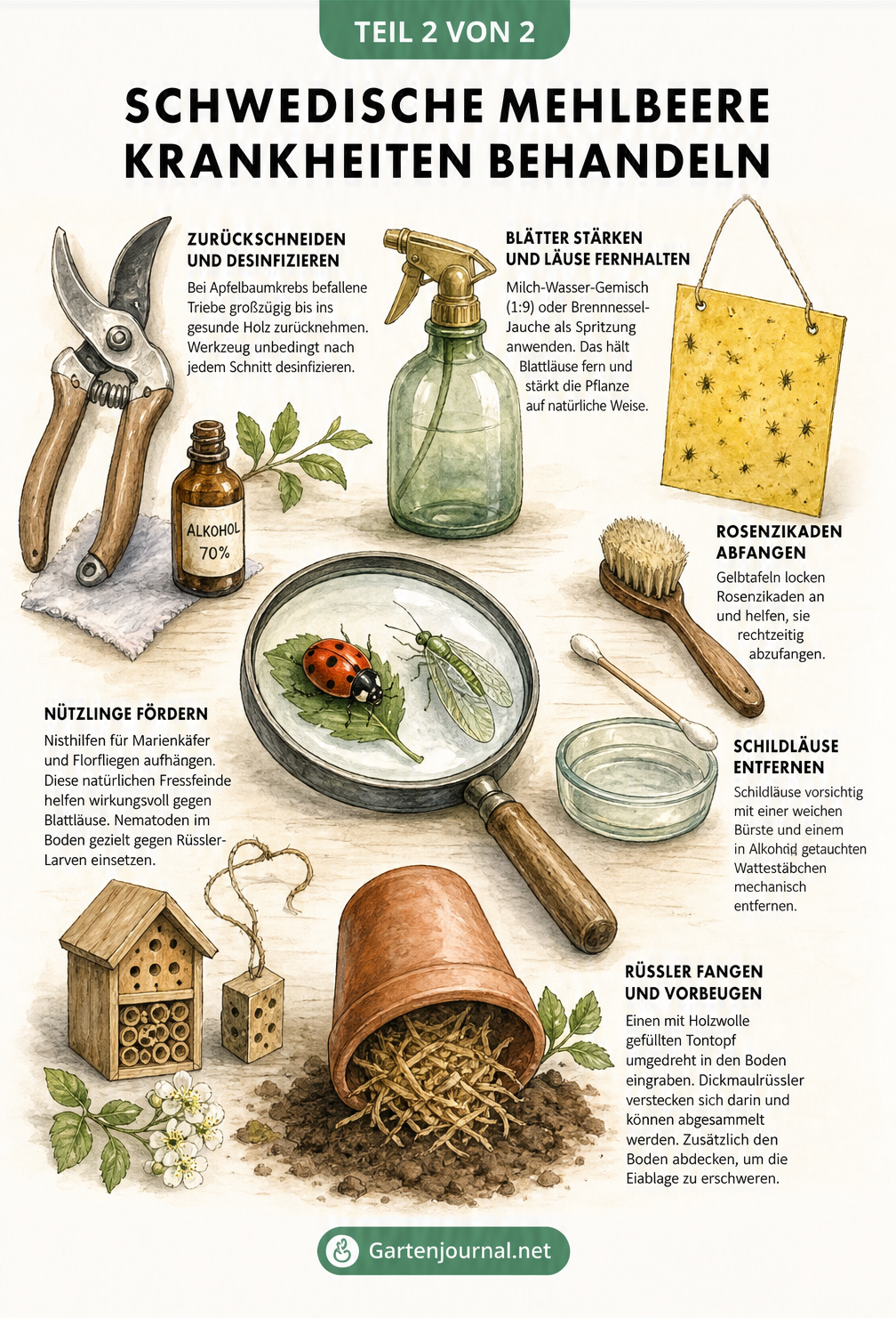 Aquarell-Illustration von Hausmitteln und Werkzeugen zur Behandlung von Pflanzenkrankheiten wie Gartenschere, Sprühflasche, Gelbtafel und Lupe mit Nützlingen