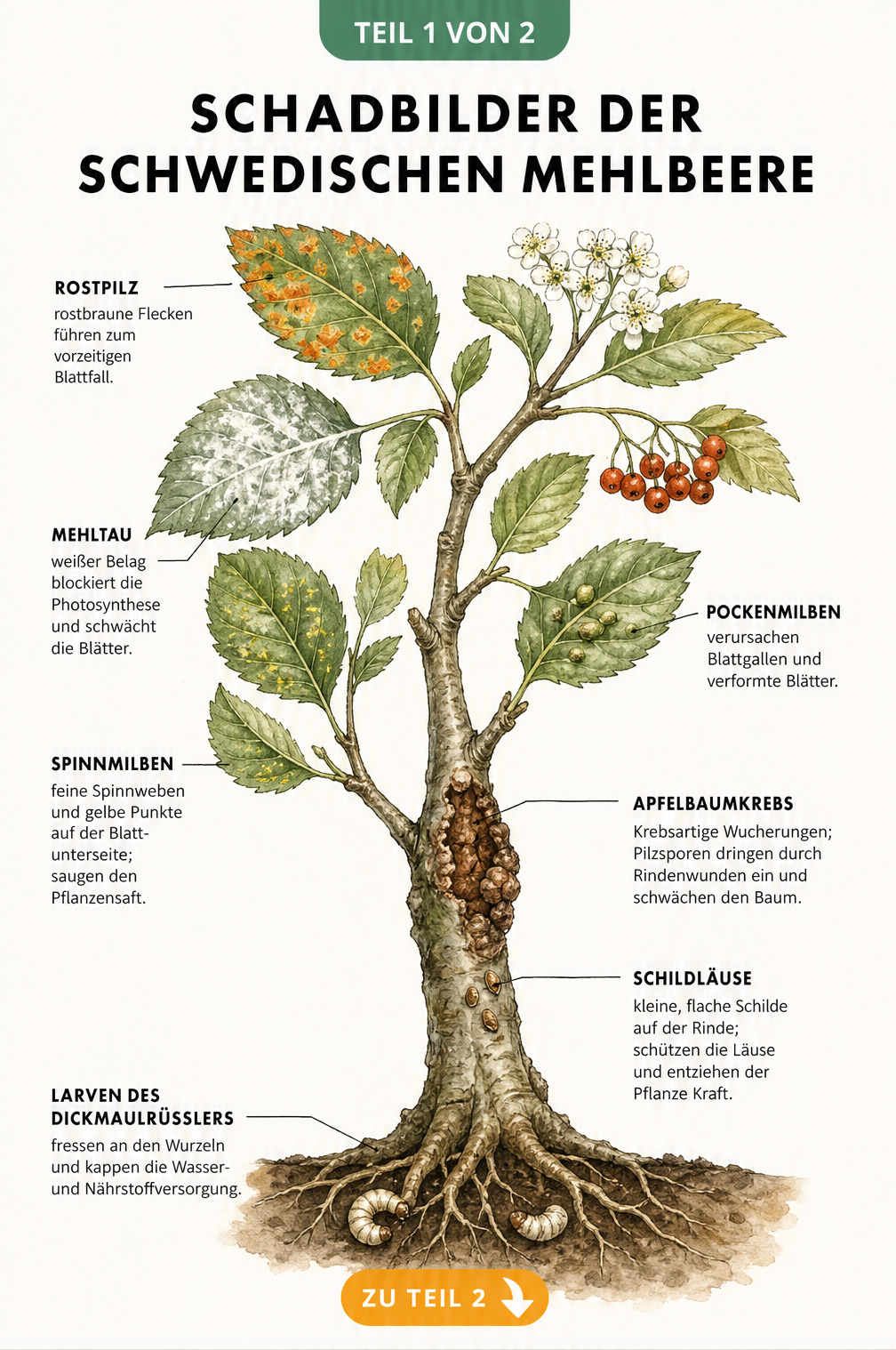 Illustration eines Astes der Schwedischen Mehlbeere mit Schadbildern von Rostpilz, Mehltau, Spinnmilben, Apfelbaumkrebs, Schildläusen und Dickmaulrüssler-Larven