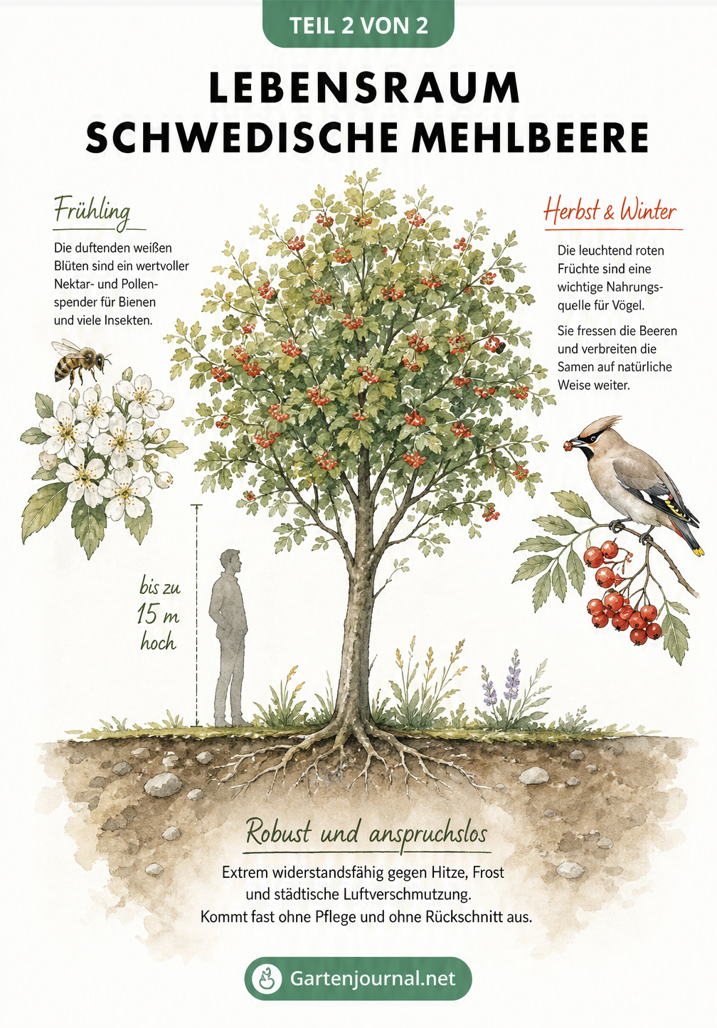 Skizze der Schwedischen Mehlbeere mit Details zu Blüten für Insekten, Beeren für Vögel und Standortvorteilen