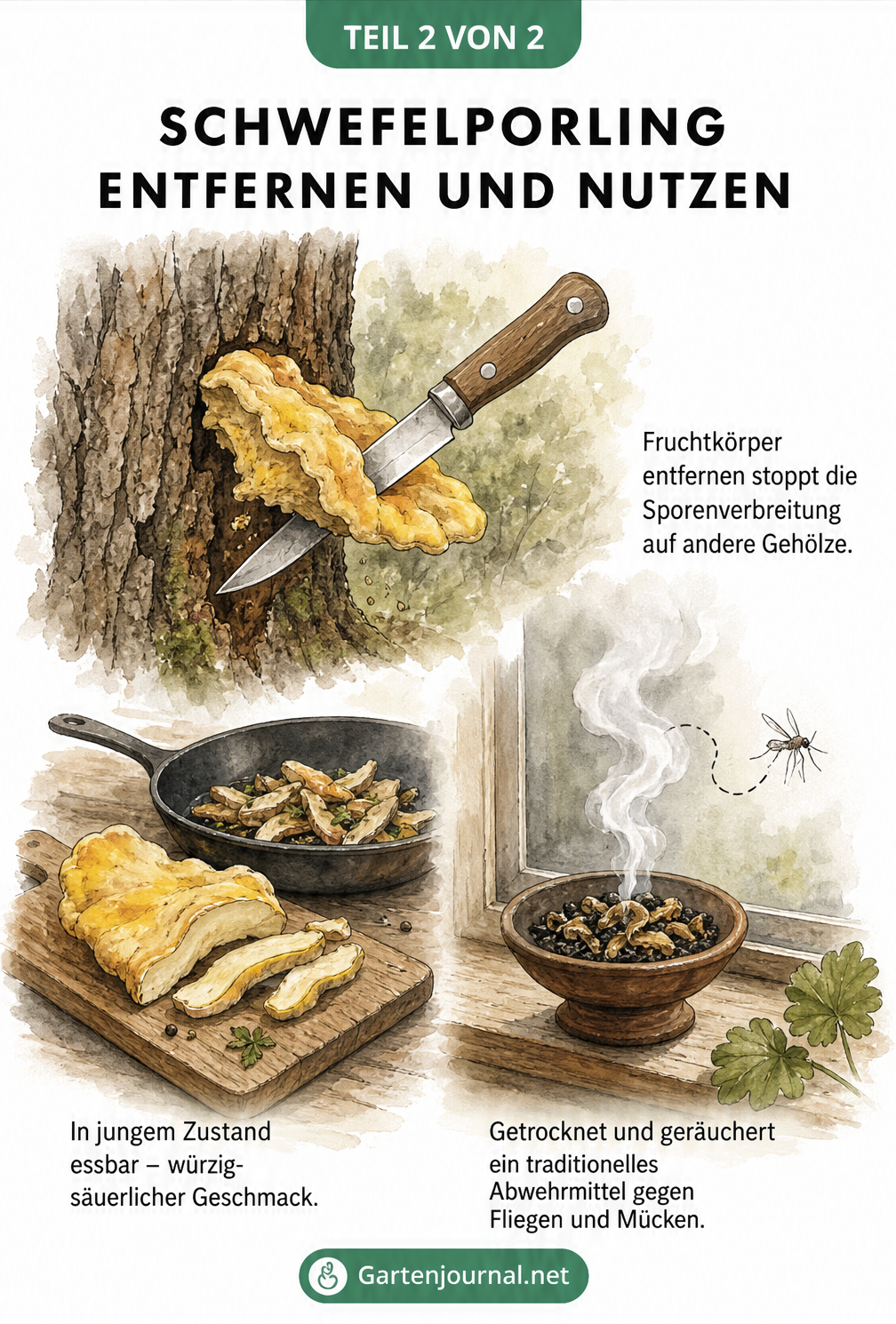Aquarell-Illustration: Schwefelporling wird vom Baumstamm abgeschnitten, in der Pfanne zubereitet und als Räuchermittel gegen Mücken verwendet