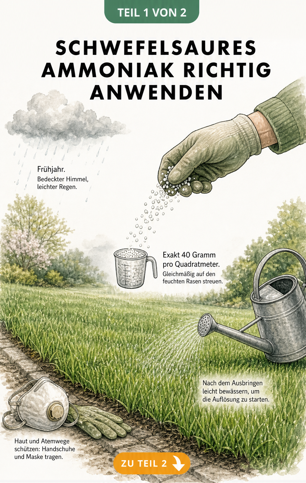Illustration zur Anwendung von schwefelsaurem Ammoniak auf dem Rasen mit Messbecher, Atemschutzmaske und Gießkanne