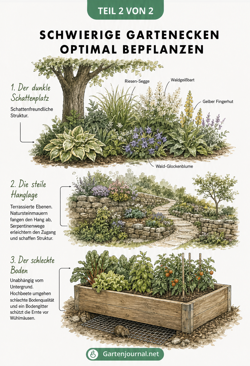 Querschnitt-Zeichnung von drei schwierigen Gartenbereichen: Schattenplatz unter Baum, steile Hanglage mit Natursteinmauern und schlechter Boden mit Hochbeet