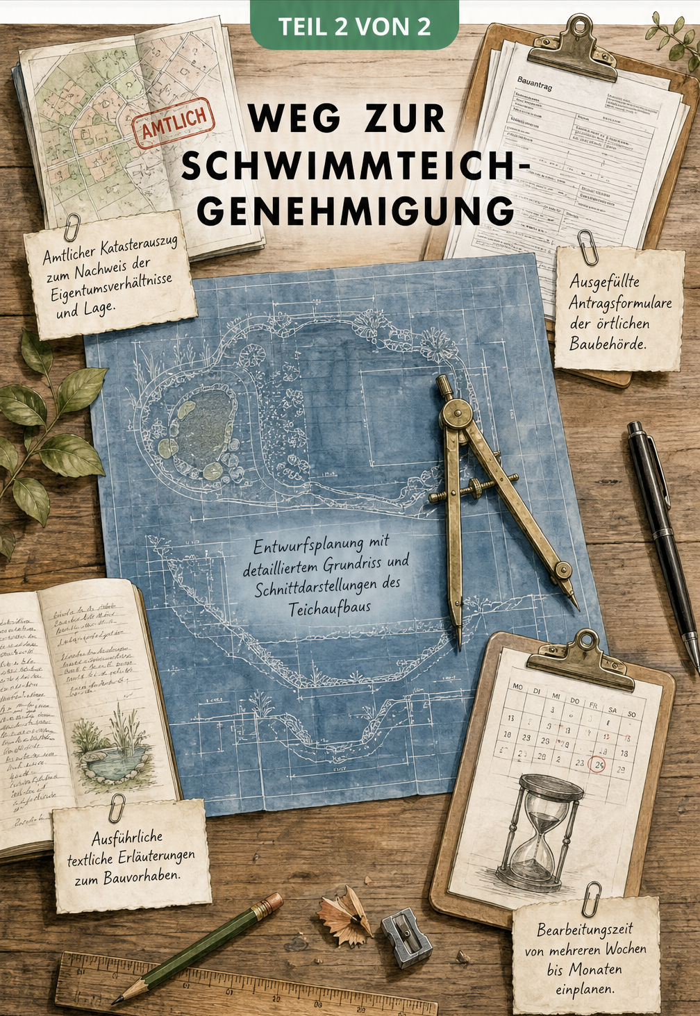 Draufsicht auf einen Zeichentisch mit Blaupause, Katasterauszug, Antragsformularen und Notizbuch für die Schwimmteich-Genehmigung