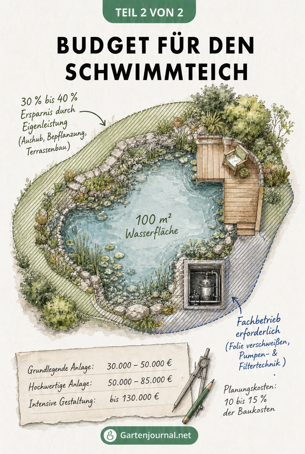 Gartenbauplan eines Schwimmteichs aus der Vogelperspektive mit 100 Quadratmetern Wasserfläche, Gesamtbudgets und Sparpotenzial durch Eigenleistung