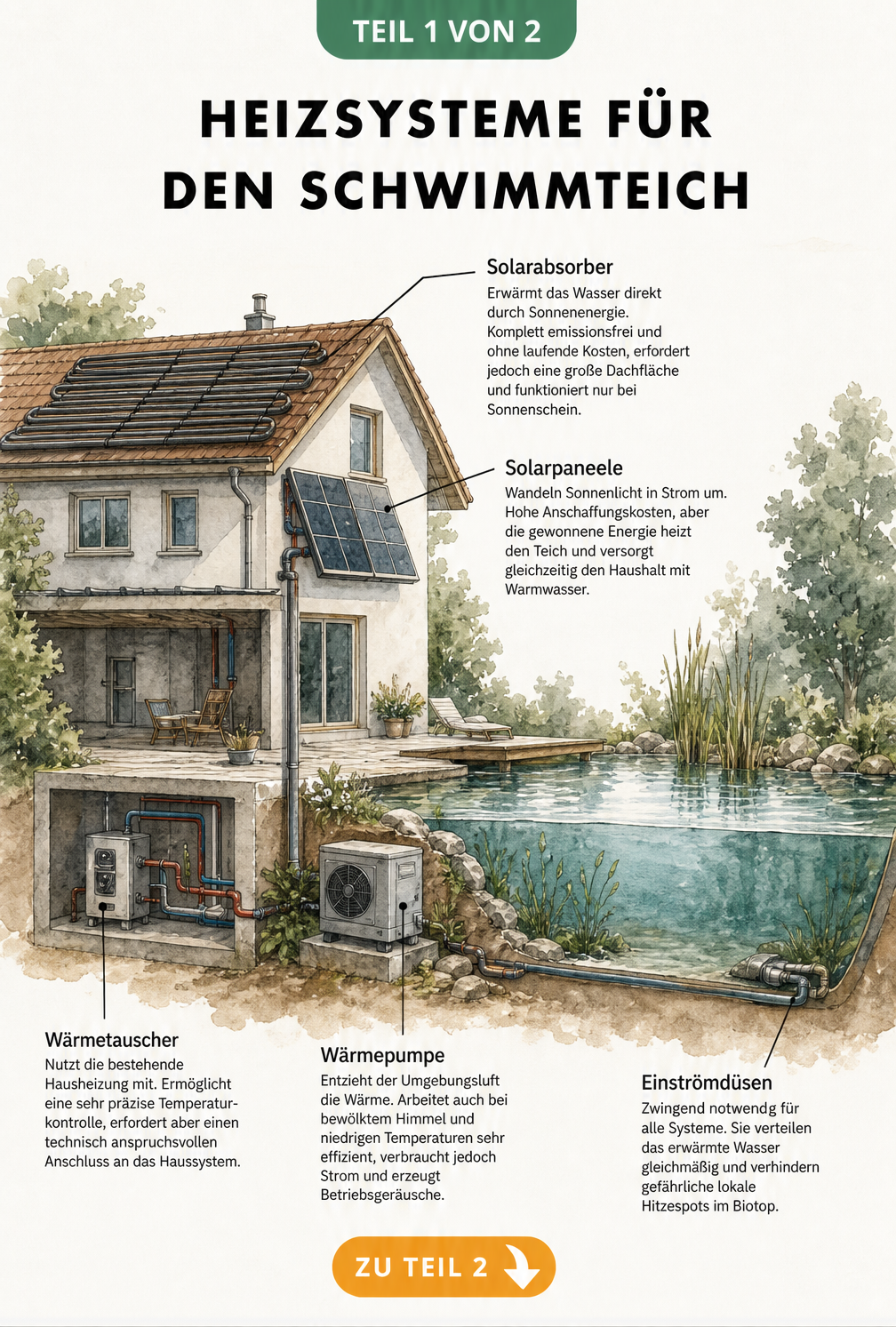 Schnittzeichnung eines Hauses mit Schwimmteich, die verschiedene Heizsysteme wie Solarabsorber, Solarpaneele, Wärmetauscher und Wärmepumpe zeigt.