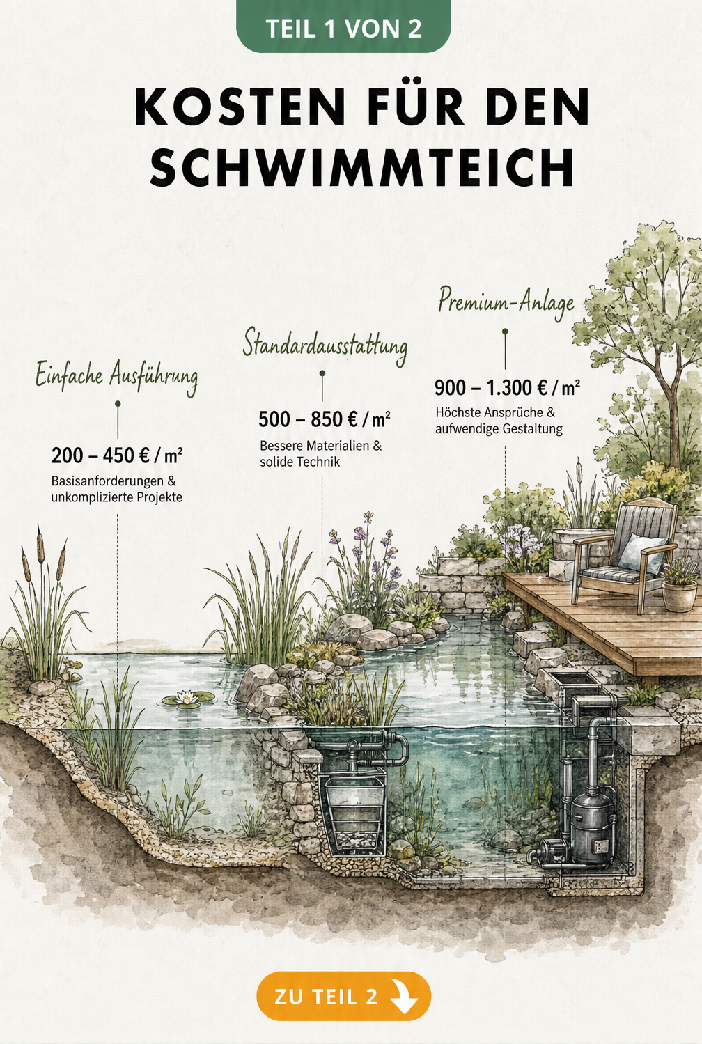 Querschnitt eines Schwimmteichs mit drei Zonen: einfache Ausführung, Standardausstattung und Premium-Anlage mit Kosten pro Quadratmeter