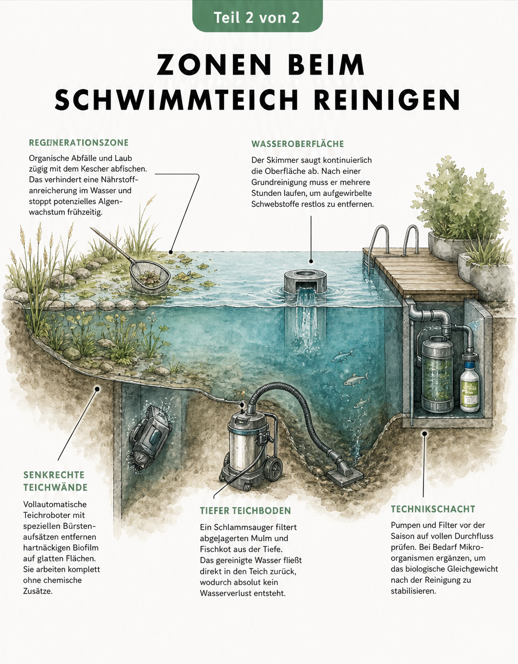 Querschnitt eines Schwimmteichs mit den verschiedenen Reinigungszonen und passenden Geräten