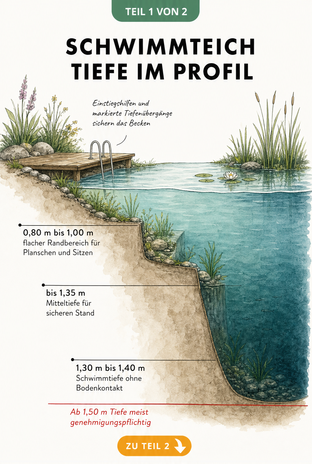 Handgezeichnete Schnittzeichnung eines Schwimmteichs mit Tiefenbereichen von 0,80 m bis 1,40 m