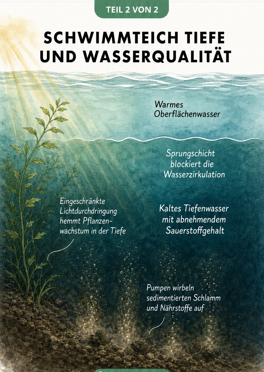 Illustration der Wasserschichten im Schwimmteich mit Sprungschicht und Sediment am Grund