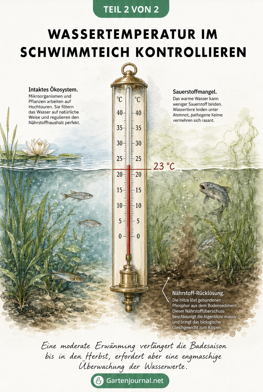 Illustration eines Thermometers im Schwimmteich bei 23 Grad, das die Auswirkungen auf das Ökosystem bei kühlem und zu warmem Wasser vergleicht.