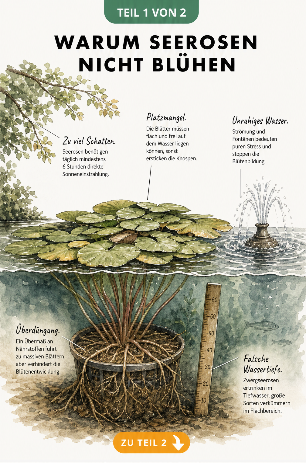 Querschnitt eines Gartenteichs mit einer blütenlosen Seerose und den Ursachen wie Schatten, Platzmangel, unruhiges Wasser, Überdüngung und falsche Wassertiefe.