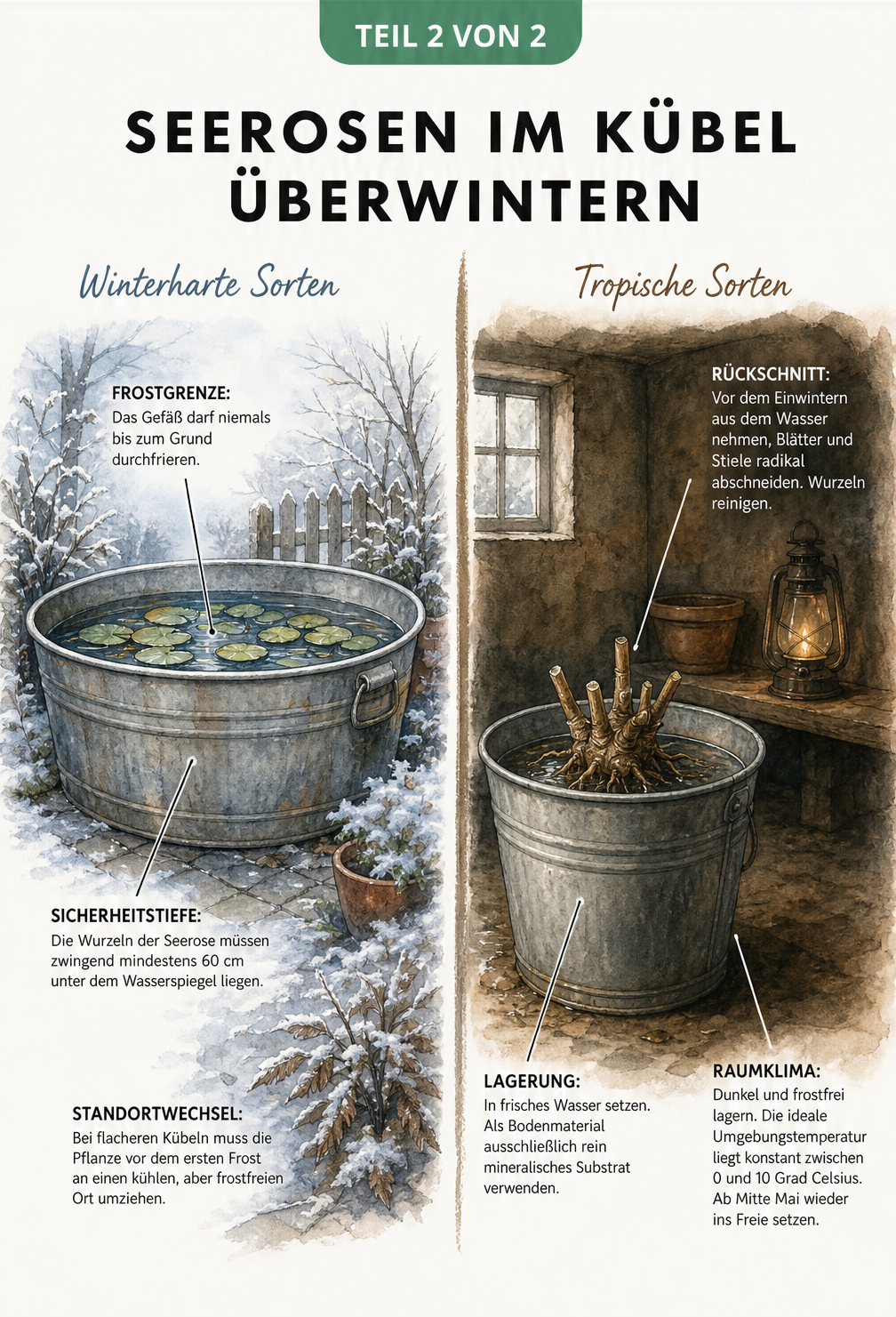 Zweiteilige Illustration zur Überwinterung von Seerosen: Winterharte Sorten im Zinkbottich draußen und tropische Sorten im Eimer im Keller