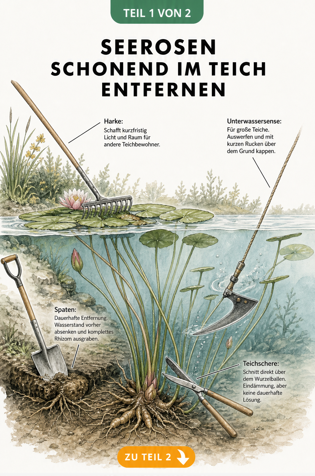 Illustration eines Gartenteichs im Querschnitt mit Werkzeugen zum Entfernen von Seerosen wie Spaten, Teichschere, Harke und Unterwassersense