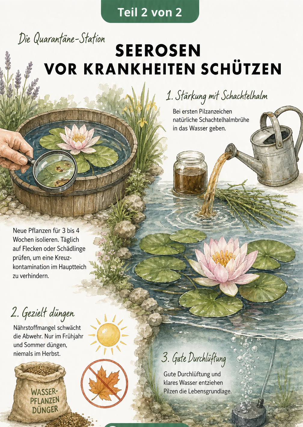 Illustration einer Quarantäne-Station für neue Seerosen und Pflegemaßnahmen im gesunden Gartenteich