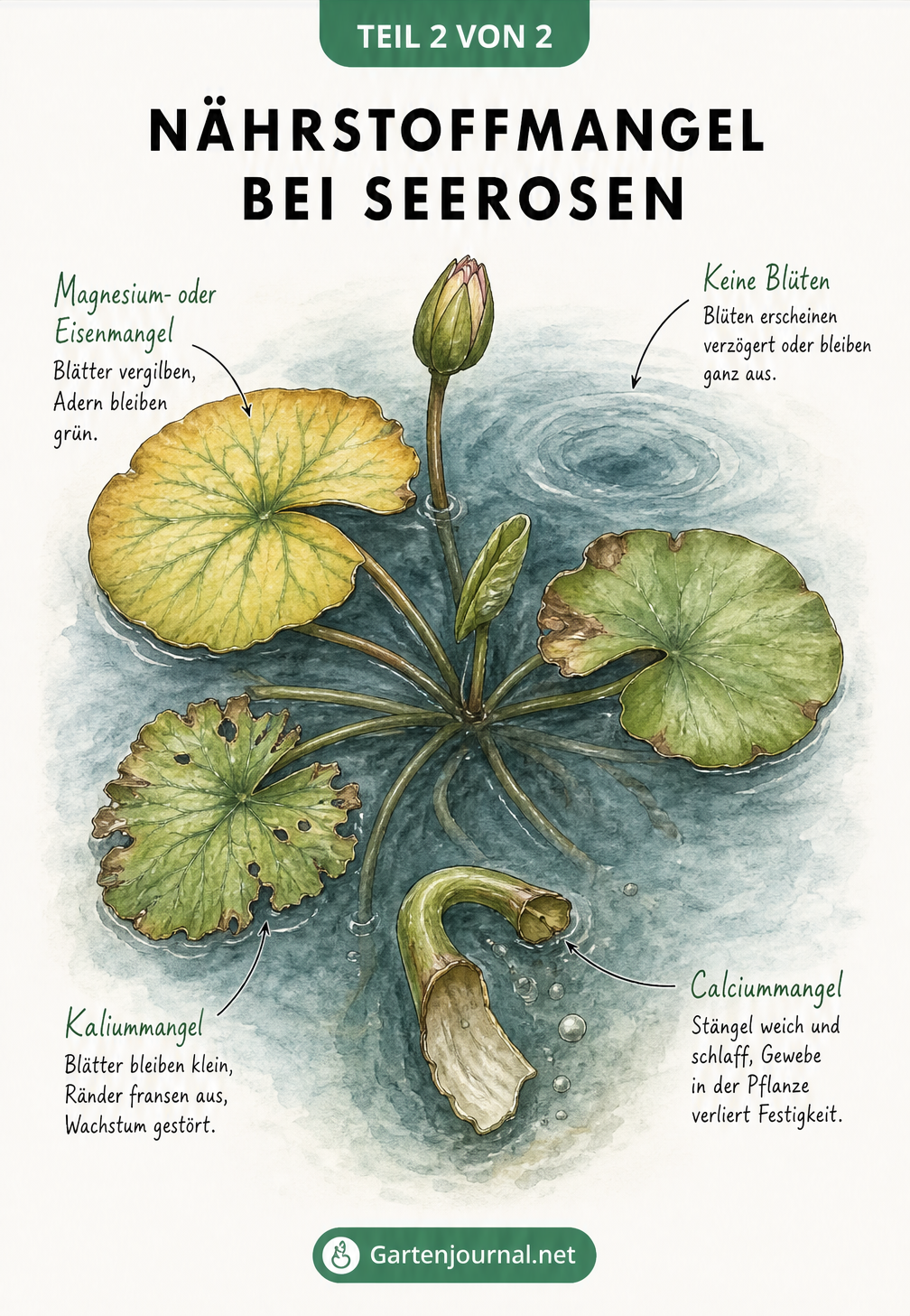 Zeichnung einer Seerose mit verschiedenen Mangelerscheinungen wie gelben Blättern und fehlenden Blüten