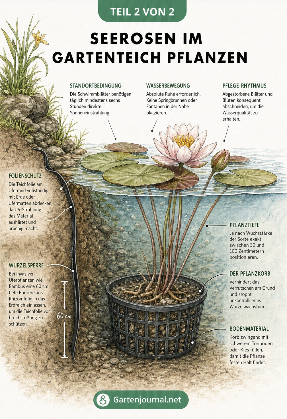Illustration einer Seerose im Pflanzkorb unter Wasser mit Schwimmblättern an der Oberfläche und Uferanschnitt
