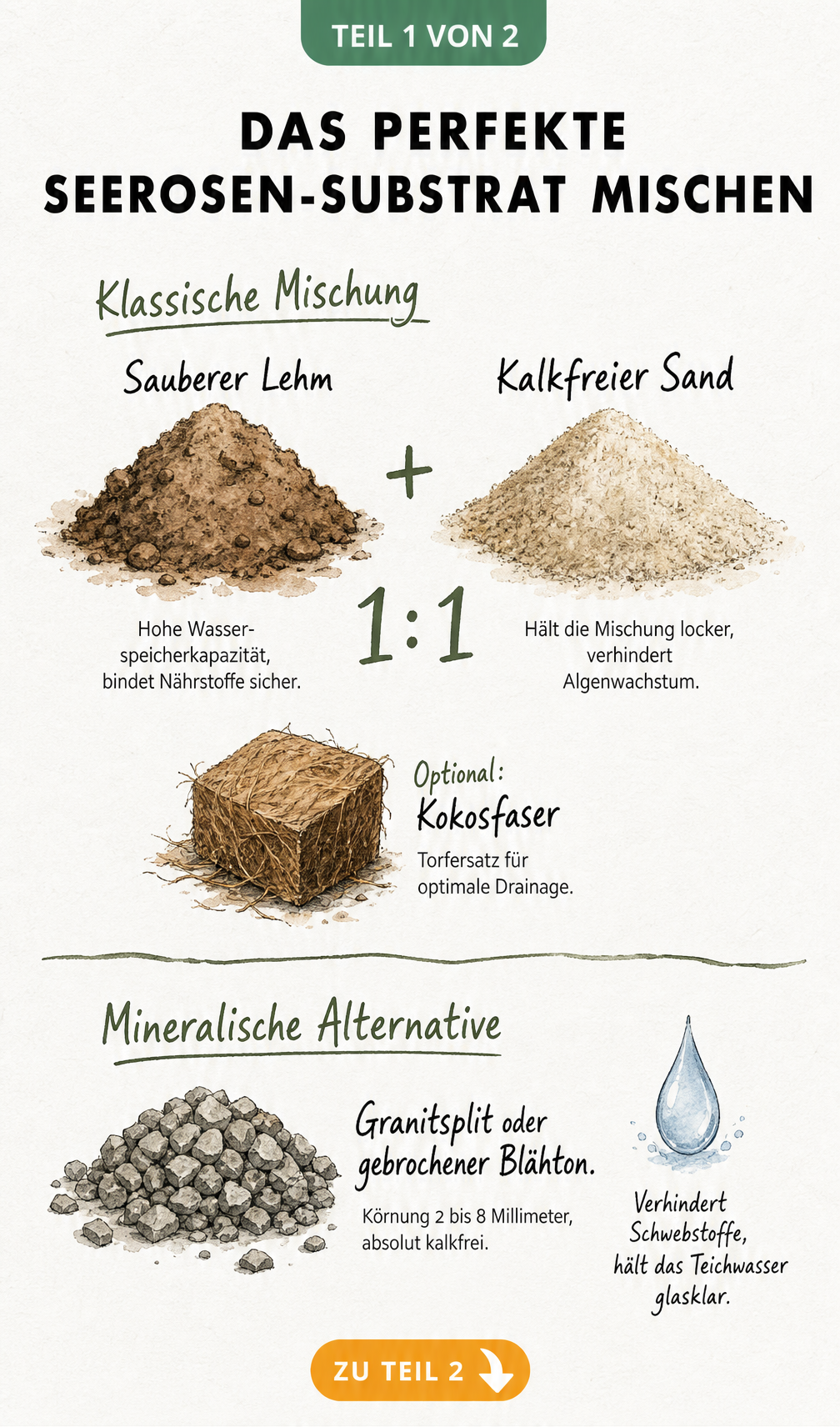 Botanische Skizze mit zwei Rezepturen für Seerosen-Substrat: Klassische Mischung aus Lehm und Sand sowie mineralische Alternative aus Granitsplit.
