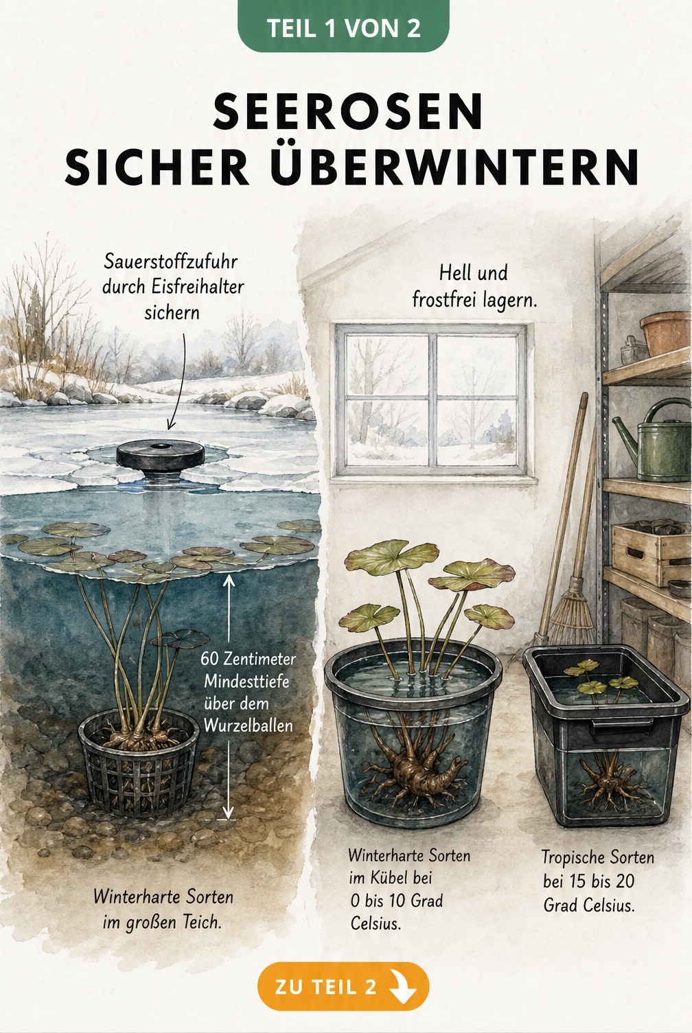 Illustration der Überwinterung von Seerosen im Gartenteich und im Kübel im kühlen Raum