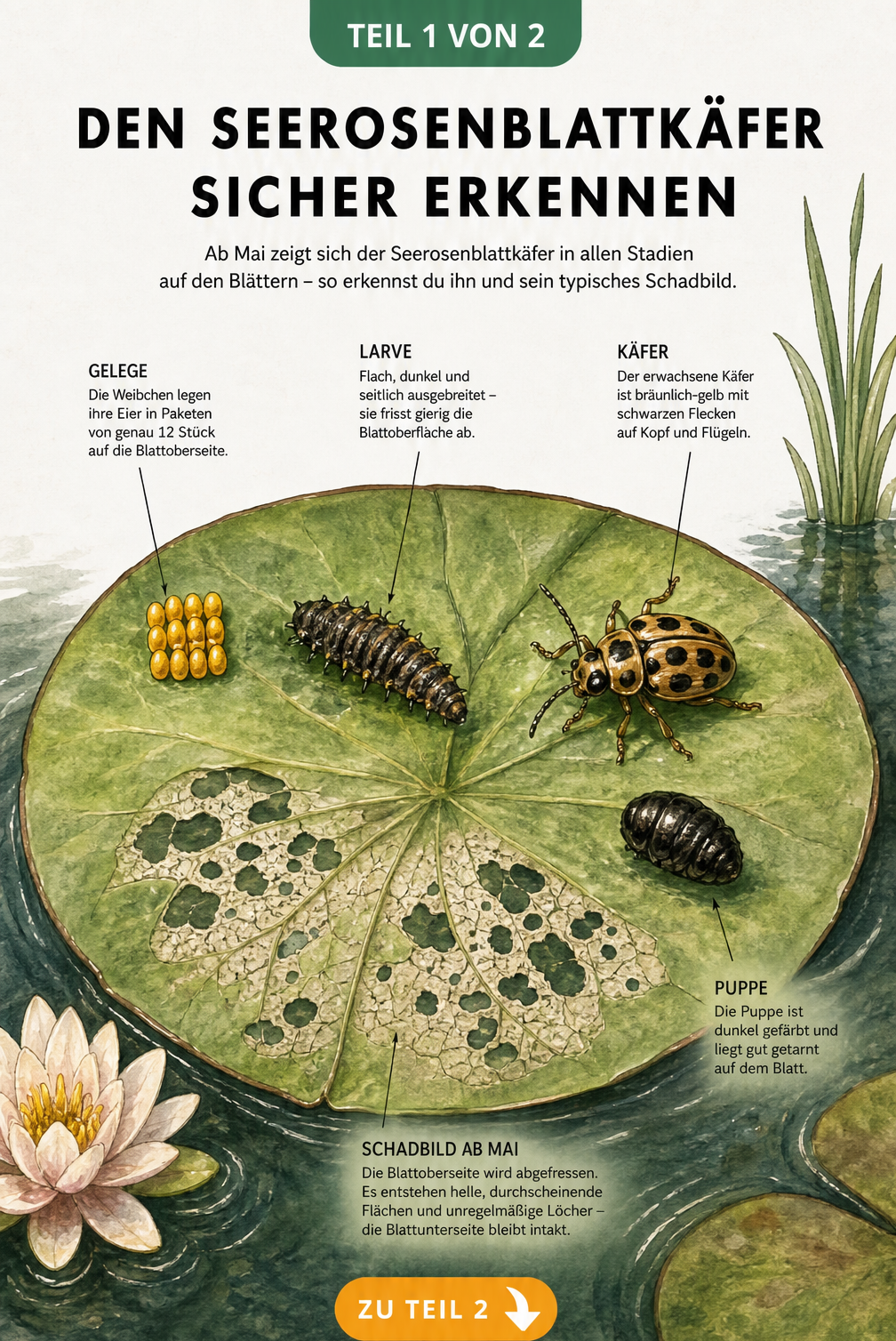 Botanische Illustration des Seerosenblattkäfers mit Eiern, Larve, Puppe und typischem Fraßbild auf einem Seerosenblatt