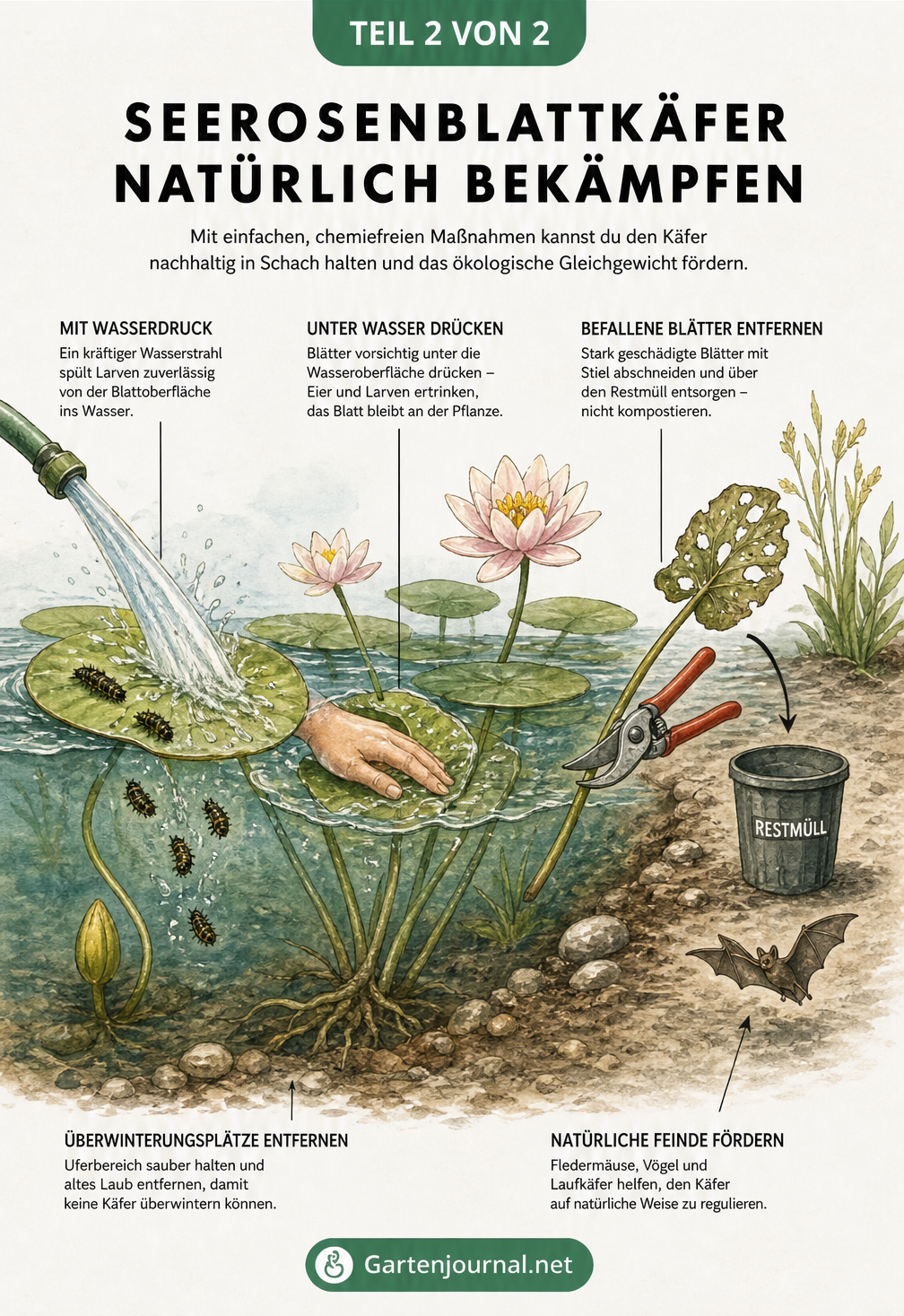 Illustration verschiedener natürlicher Bekämpfungsmethoden gegen den Seerosenblattkäfer am Gartenteich