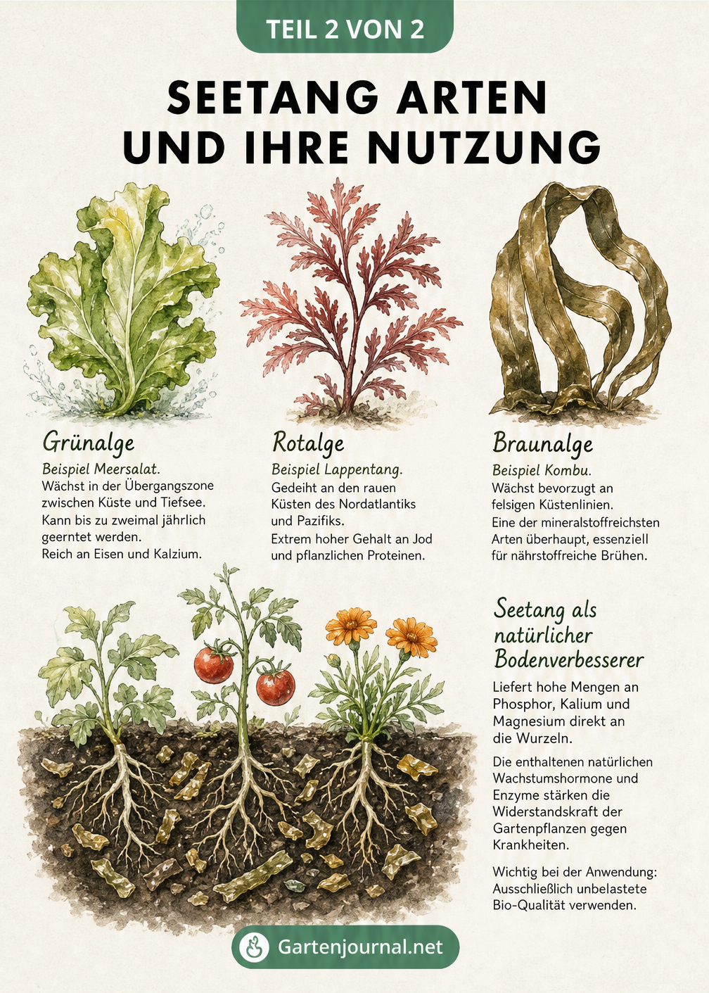 Aquarell-Illustrationen von Grün-, Rot- und Braunalgen sowie eine Querschnitt-Zeichnung, die Seetang als natürlichen Bodenverbesserer im Garten zeigt.