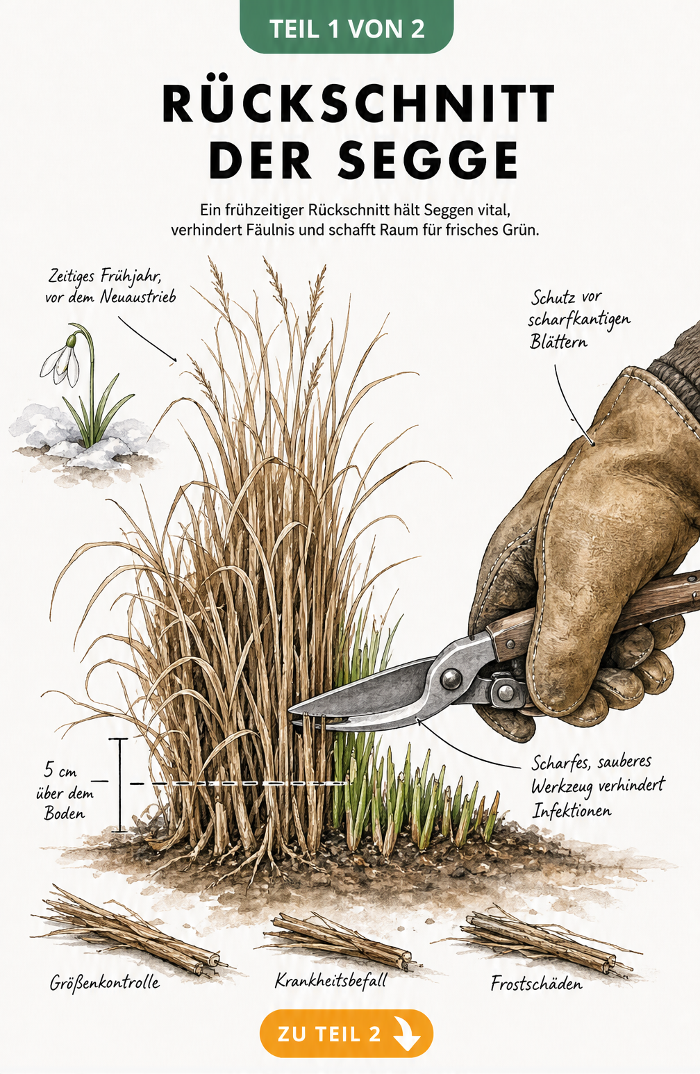 Botanische Zeichnung eines Seggenhorsts, der zur Hälfte geschnitten ist, mit Gartenschere und Handschuh.