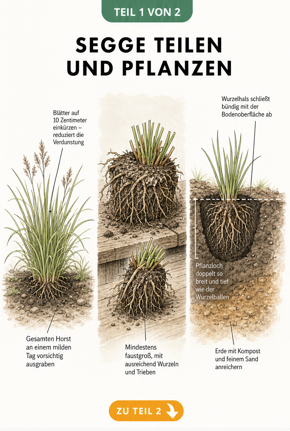 Botanische Illustration: Segge im Beet ausgraben, Blätter einkürzen und Wurzelballen teilen. Querschnitt eines Pflanzlochs mit Kompost und Sand.