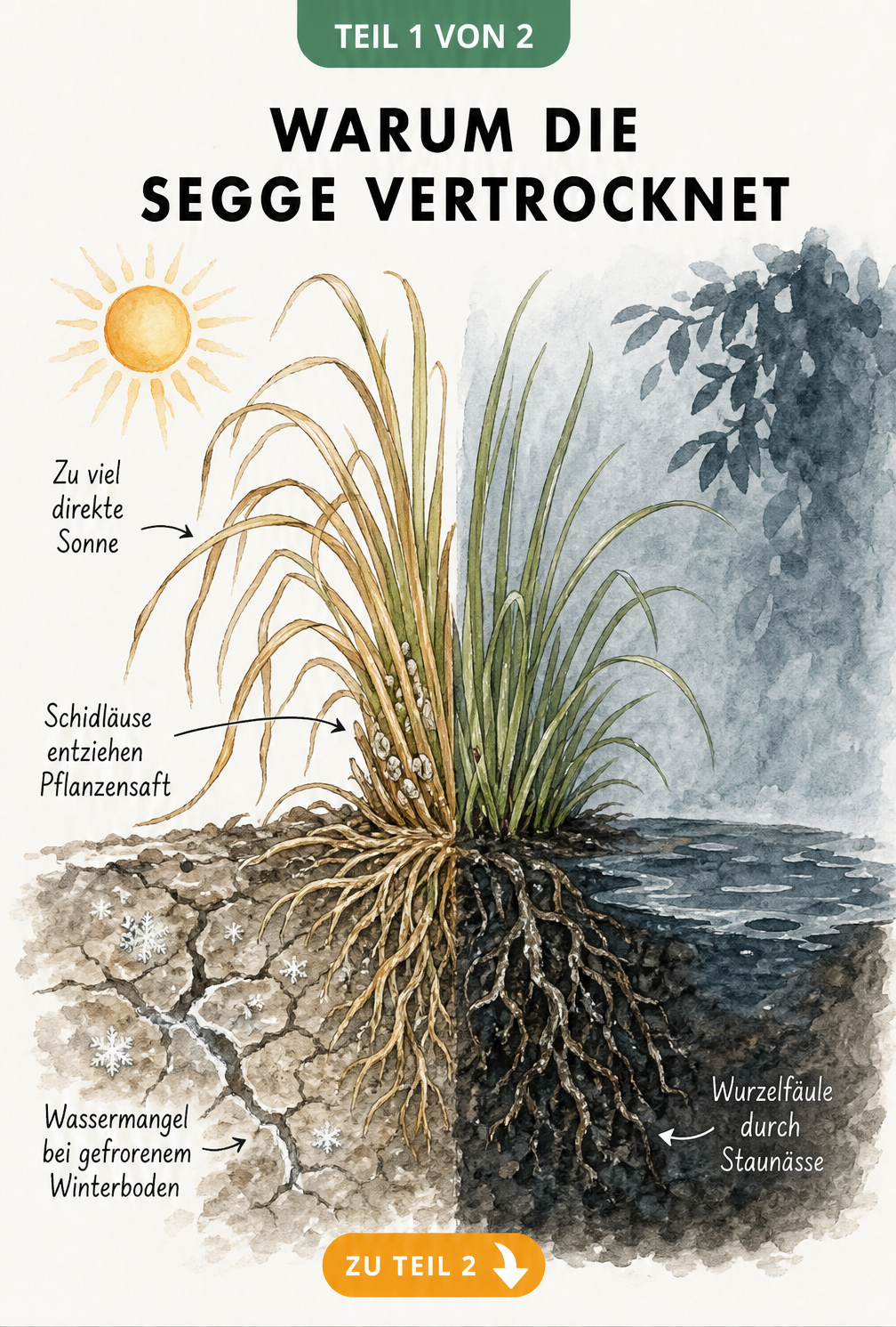 Illustration einer Segge im Querschnitt, die Ursachen für Vertrocknung wie zu viel Sonne, gefrorenen Boden, Staunässe und Schildläuse zeigt.