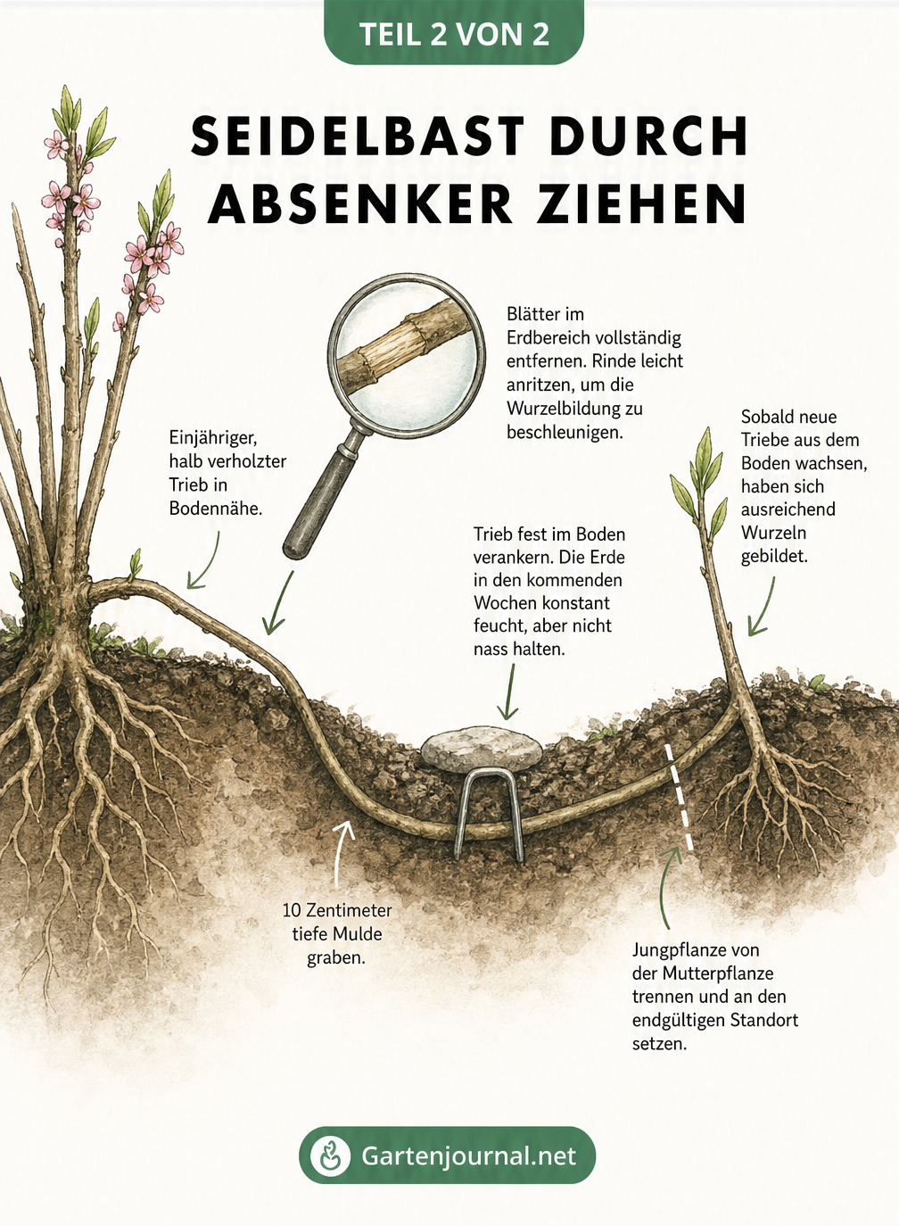 Querschnitt-Zeichnung zeigt die Vermehrung von Seidelbast durch einen Absenker im Gartenboden