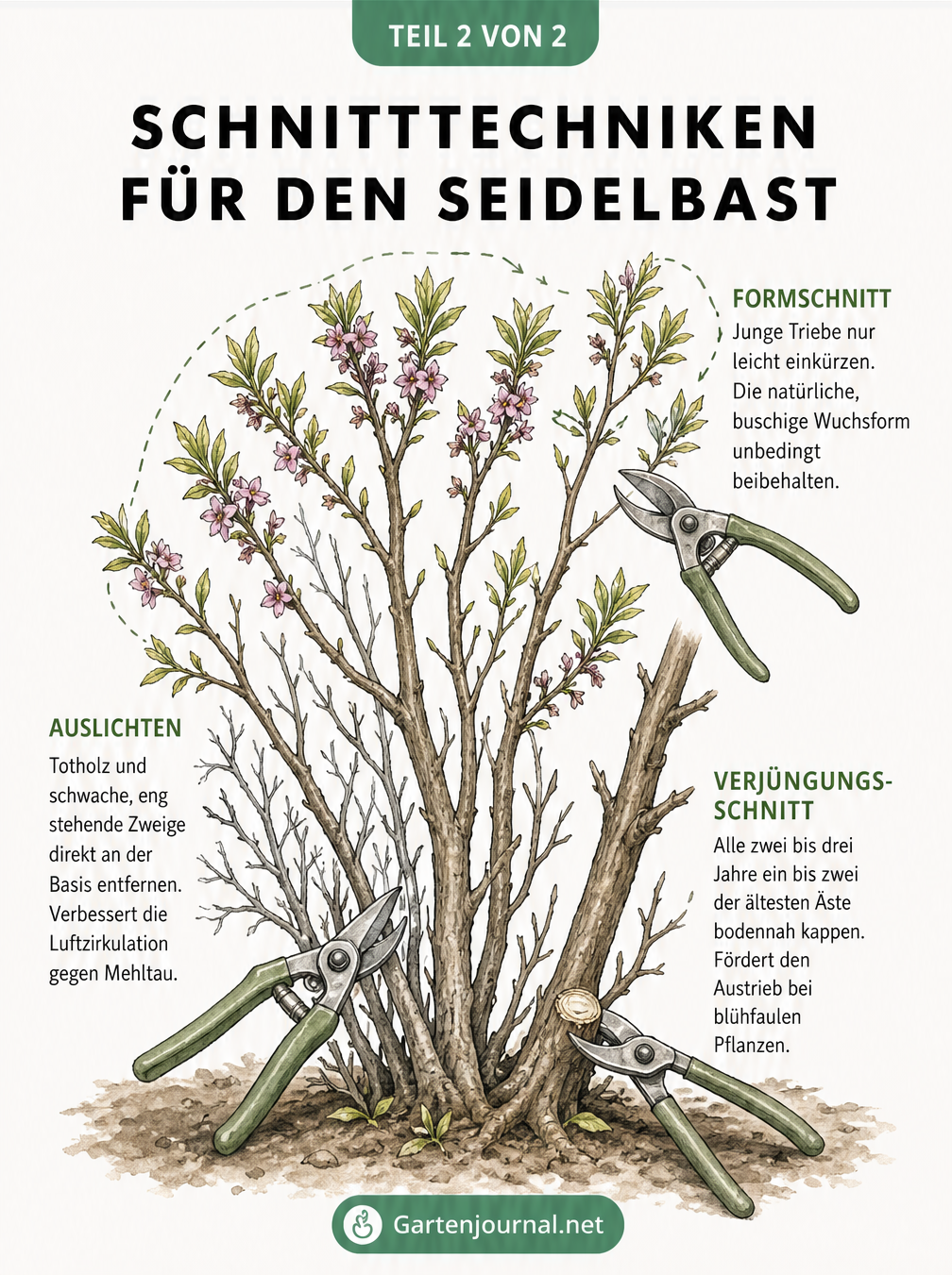 Schnittzeichnung eines Seidelbast-Strauchs, die Auslichten, Verjüngungsschnitt und Formschnitt an den entsprechenden Ästen erklärt.