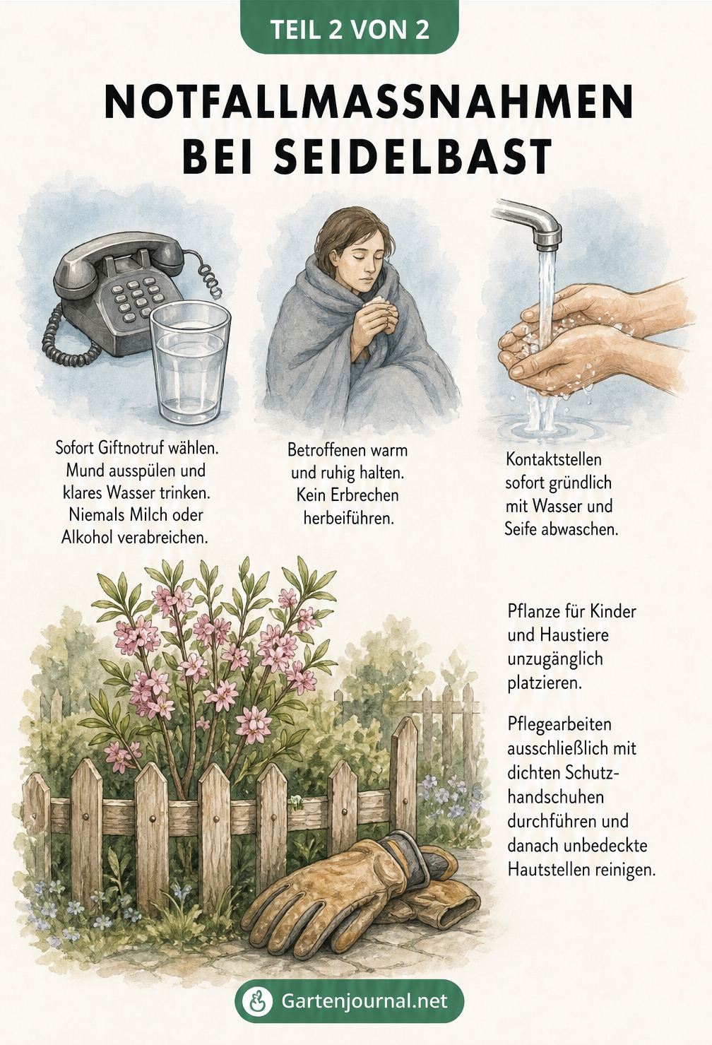 Illustration von Erste-Hilfe-Maßnahmen bei einer Seidelbast-Vergiftung, wie Giftnotruf wählen und Wasser trinken, sowie Präventionstipps für den Garten.