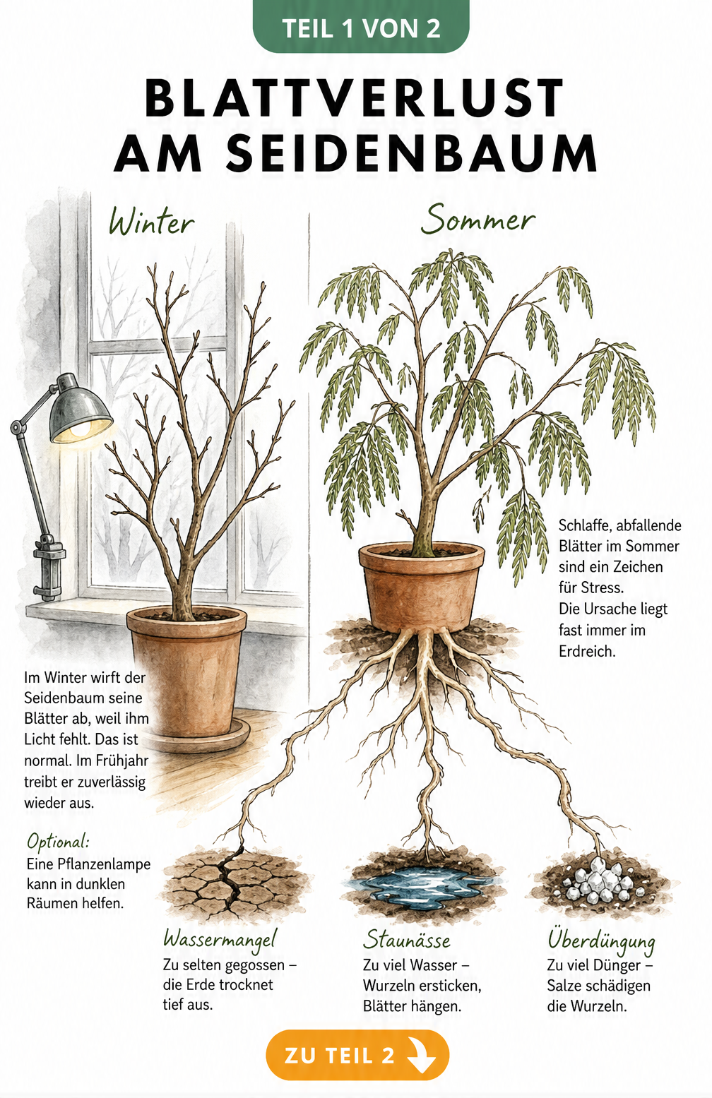 Illustration eines Seidenbaums im Winterquartier mit kahlen Ästen und im Sommer mit hängenden Blättern durch Pflegefehler