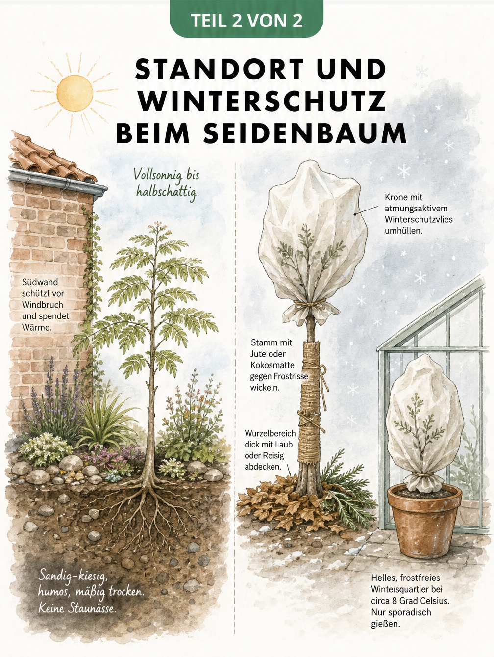 Schnittzeichnung eines Gartens mit Seidenbaum am Sommerstandort und Winterschutzmaßnahmen