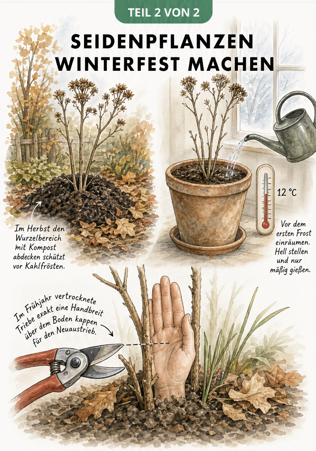 Illustration zur Überwinterung von Seidenpflanzen im Freiland mit Kompost und im Kübel bei 12 Grad sowie dem Rückschnitt im Frühjahr