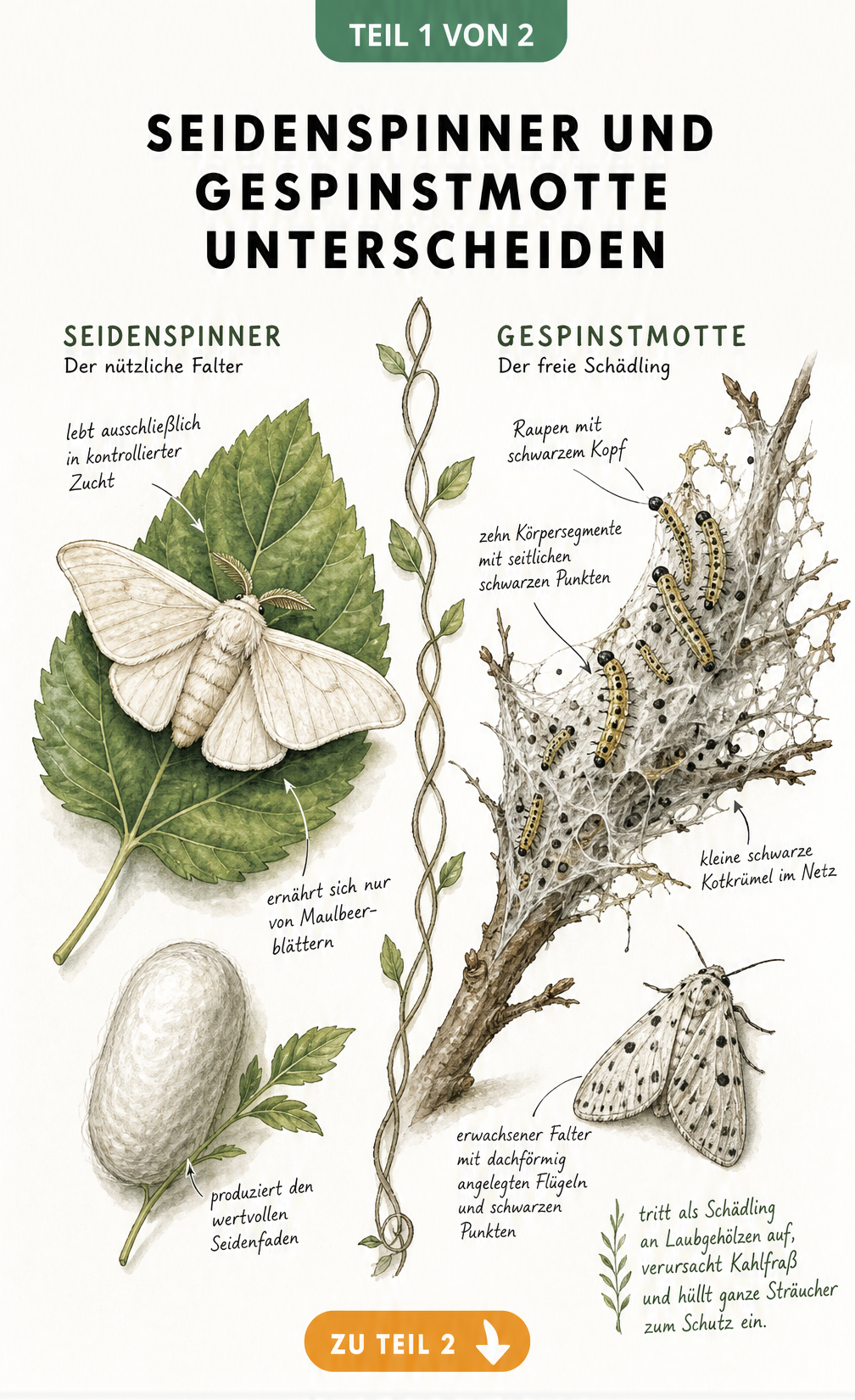 Botanische Illustration: Vergleich zwischen Seidenspinner auf Maulbeerblatt und Gespinstmotte an kahlgefressenem Apfelzweig