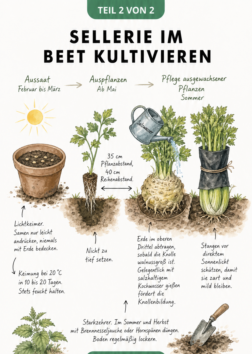 Zeichnung eines Gartenbeets, die den Anbau von Sellerie von der Aussaat bis zur Pflege zeigt